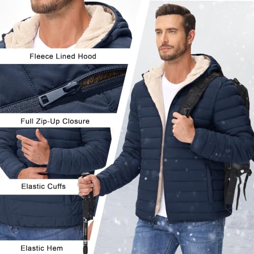 Image of Cotrasen Mens Puffer Jacket Sherpa Lined Water Resistant Hooded Full Zip Mid-Weight Warm Insulated Winter Coat