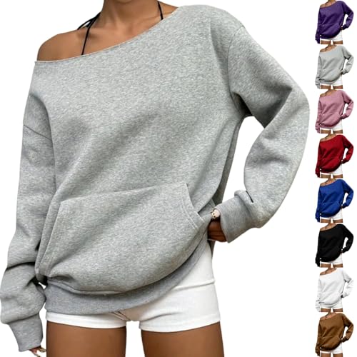 Off the Shoulder Sweatshirt for Women Trendy Fleece Plain Oversized Sweatshirt Vintage Cut Sweatshirts with Pocket College Sexy Travel Hoodie Casual Loose Fit Holiday Fall Womens Clothes Gray,XL