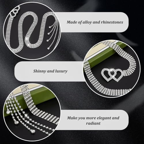 Rhinestone Chain Belt Sliver Sparkly Crystal Belt for Dresses Shiny Rhinestone Waist Belt with Heart Buckle Women's Stylish Waist Chain Belt for Wedding Party Decor, 47-1/8 inch(119.6cm)3