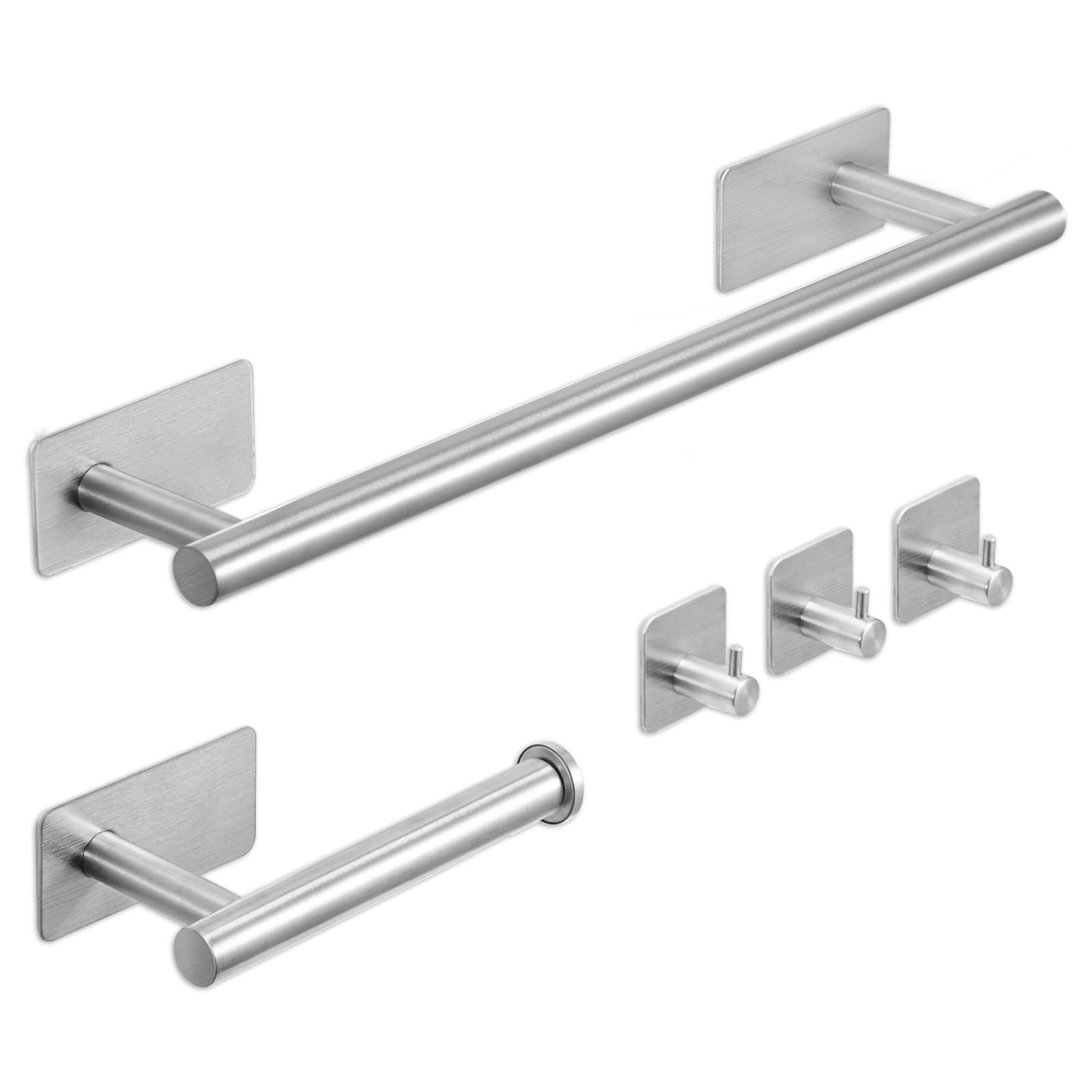 M.J COMFY-LIFE 5pcs Bathroom Accessories Set No Drilling Towel and Toilet Roll Holder Set, Self Adhesive Toilet Roll Holder, Towel Rail, Hook (Silver)