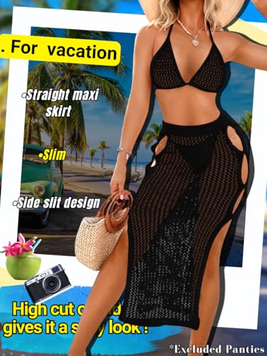 Women Sexy Two Piece Crochet Swimsuit Coverup, Slit Maxi Bikini Skirt Cover Up, Sheer Boho Bathing Suit Beach Outfits4