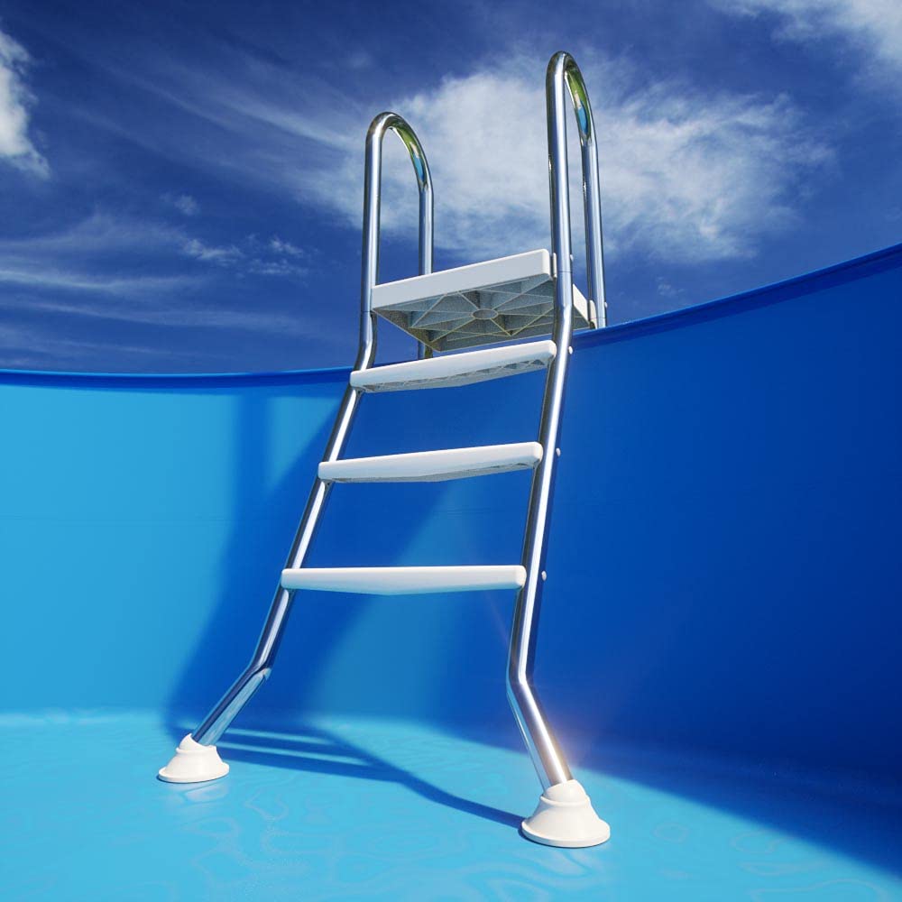 IDEAL Hochbeckenleiter 3/3-stufig V2A 1.4301 - Edelstahl Poolleiter mit Plattform - Für Beckenhöhe 0,90 bis 1,00 m - Ø 42 mm Holm - 2 x 3 ABS Stufen - Bis 120 kg
