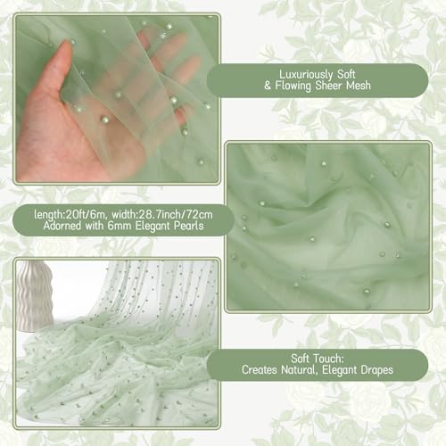 Image of Wedding Arch Draping Fabric with Pearl 28.7 inchx 20ft Ivory White Green Sheer Gauze Fabric Backdrop Drapery for Wedding Arbor Ceremony Bridal Shower Birthday Party Reception Decor (Sage Green)