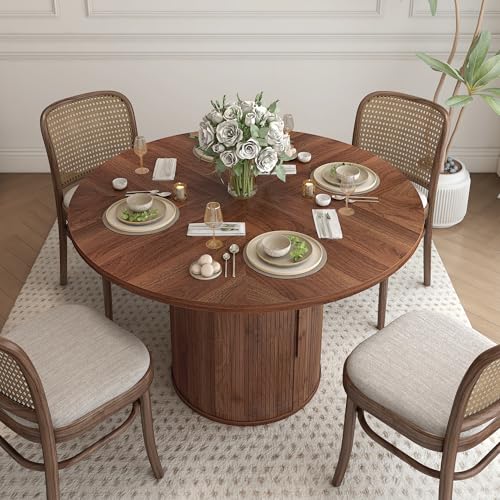 Image of weselon 47 inch Round Dining Table for 4, Kitchen Table Dinner Table with 2-Layer Storage Shelf and Wood Slide Door for Home Dining Room Living Room (Walnut)