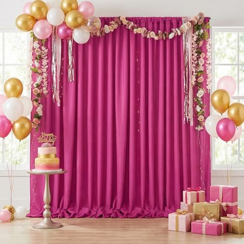 Image of Hot Pink Backdrop Drapes Curtain: Polyester Wedding Party Photography Backdrop Fabric - Fuchsia Birthday Photo Background 6 Panels 5x10ft