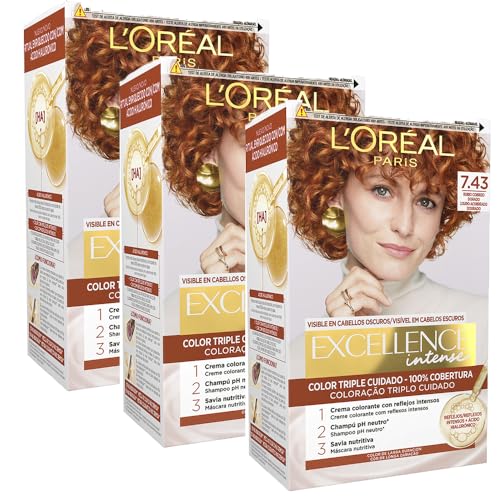 L'Oréal Paris Pack 3 Excellence Intense 7.43 Rubio Cobrizo Dorado - Crema Color Multi-Reflejos con Suntuoso Triple Cuidado