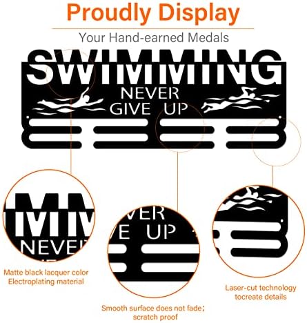 SUPERDANT Swimming Medal Holder 60+ Medals Display Motivating Word NEVER GIVE UP Black Iron Wall Mounted Hooks for Competition Medal Holder Display Wall Hanging 40x15cm