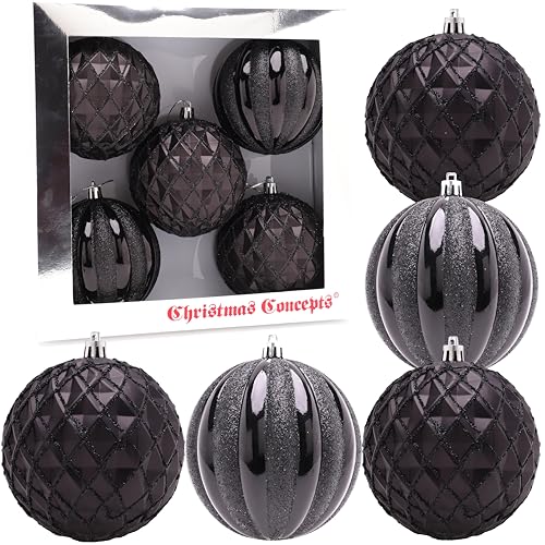 Christmas Concepts® Elegance Collection - Pack of 5-100mm (4") Black Luxury Decorated Large Baubles - Christmas Tree Hanging Decorations