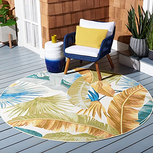 SAFAVIEH Washable Rug Outdoor Barbados Collection - 8' Round, Gold & Green, Non-Shedding & Easy to Clean, Ideal for Patio, Backyard, Mudroom (BAR520C)