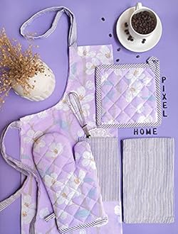 PIXEL HOME DECOR Printed Apron With Oven Mitt and Pot Holder with Kitchen Towel - Cherry Blossom Collection (Lilac Blossom)