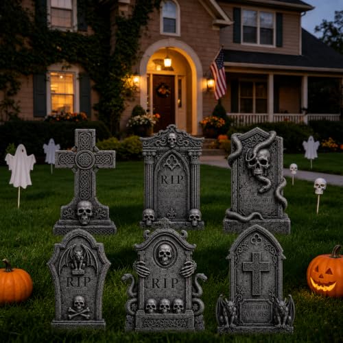 Graveyard Halloween Tombstones Decorations Outdoor: 6 Pcs Large Tombstone Halloween Yard Signs with Stakes, Realistic Scary Skeleton RIP Gravestones Lawn Cemetery Halloween Decor Front Lawn Garden Haunted House Props - image 7