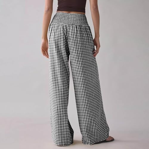 Women Plaid Pant Elastic High Elastic Waist Wide Leg Lounge Pant Loose Fit Summer Fall Classic Trousers with Pocket4
