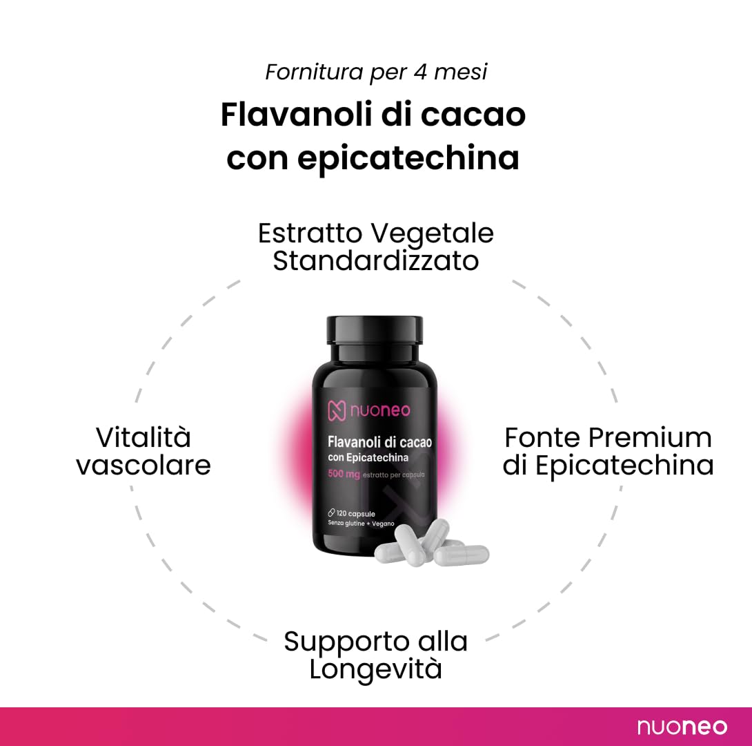Flavonoli del cacao 250 mg con 22,5 mg di epicatechina per capsula – Flavonoidi del cacao 120 capsule – Bioflavonoidi – Supporta l'elasticità vascolare e la circolazione sanguigna – nueneo