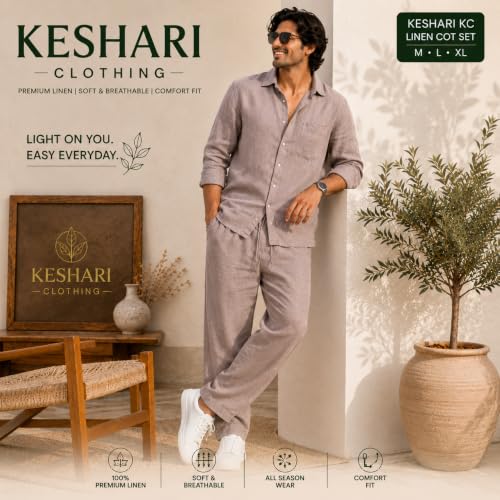 Image of Men's Premium Linen Co-Ord Set | Regular Fit Full Sleeve Solid Shirt with Drawstring Trouser | Breathable Linen Casual Outfit for Summer, Travel, Beach, Vacation & Daily
