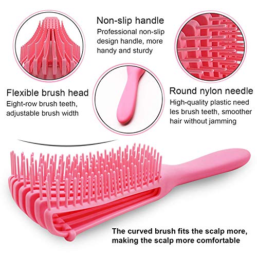 EZ Detangler Brush with Edge Brush, Rat Tail Combs Set for Natural, Curly, Wet/Dry, Black Hair, Flex Detangling Brush set for Hair Style and Cuting, No Pain and Easy Clean in Daily Use（Pink + Black)