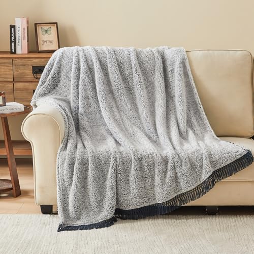 Image of EMME Soft Sherpa Fleece Blanket with Tassel, Reversible Plush Fluffy Large Blanket, Light Weight Warm Decorative Boho Blanket Cover for Sofa, Couch, Bedroom,Travel(Tassel Navy,50 inchx60 inch)