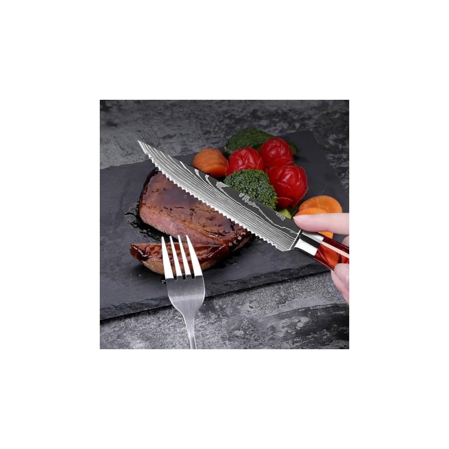 SENKEN Professional Steak Knife Set with Engraved Damascus Pattern, Razor Sharp Blade, High Carbon Stainless Steel with Beautiful Gift Box, Blue & Red Resin Handles