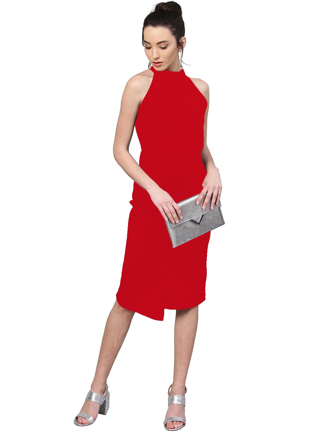 Shasmi Polyester Blend Bodycon Knee-Length Women's Elegant Halter Neck Pleated Flounce Sleeveless Midi Dress (Dresses For Tops_Red_L)