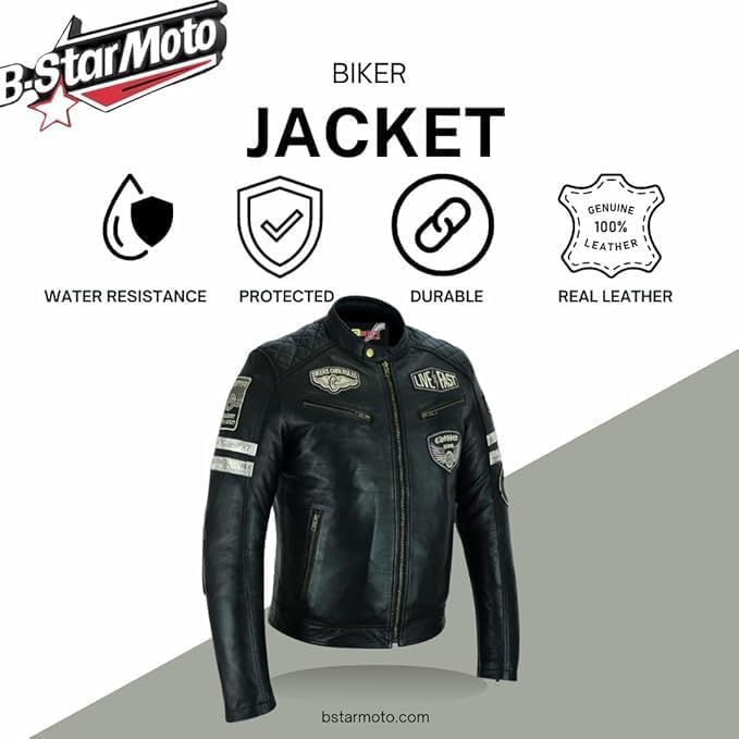 Genérico Bstar Męska skórzana kurtka motocyklowa Kurtka motocyklowa Touring Kurtka z odznakami Ochrona przed wiatrem Sprzęt ochronny Ciało Lato Zima Czarny 4XL