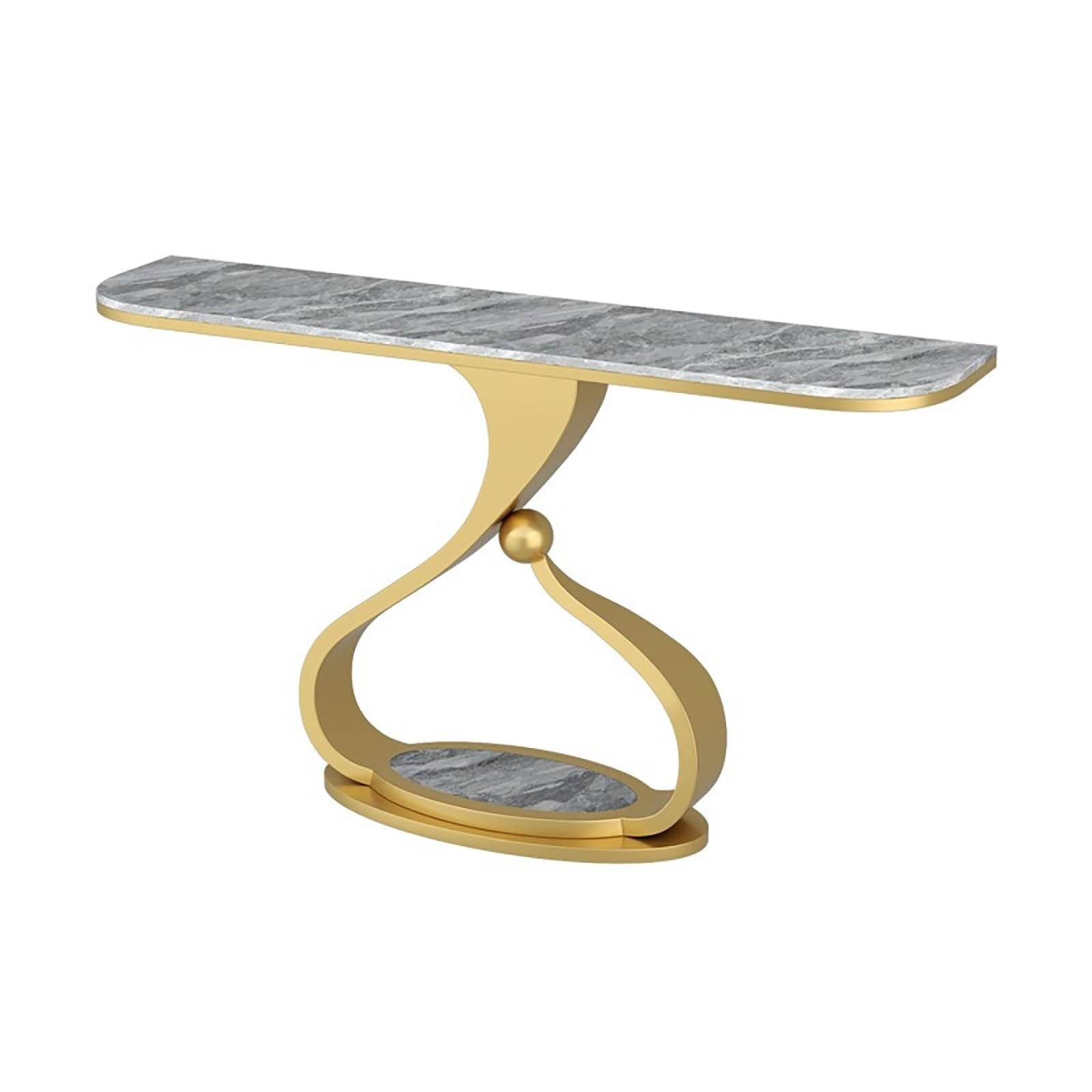 Elegante consolle stretta per piccoli spazi, mobile moderno in pietra con angoli arrotondati e robusto telaio in ferro, ideale per ingresso, corridoio, soggiorno