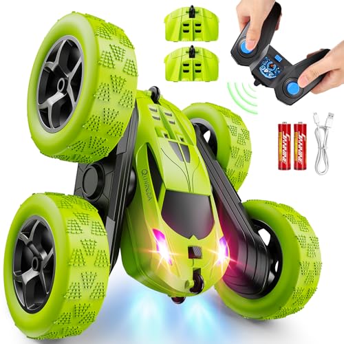 Remote Control Car for Kids Ages 6+, RC Cars Stunt Car Toy 4WD Double Sided 360° Rotating Remote Control with Headlights, Birthday Xmas Gifts for Boys 6 7 8 9 10 11 12 Green