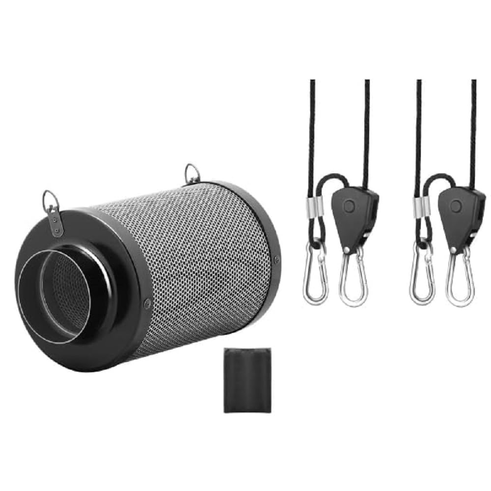 iPower 4" Air Carbon Smelliness Control with Australia Virgin Charcoal, Reversible Flange, Pre-Filter and 1-Pair 1/8 Inch 8-Feet Long Rope, Fit with Inline Duct Fans for Grow Tents, Black