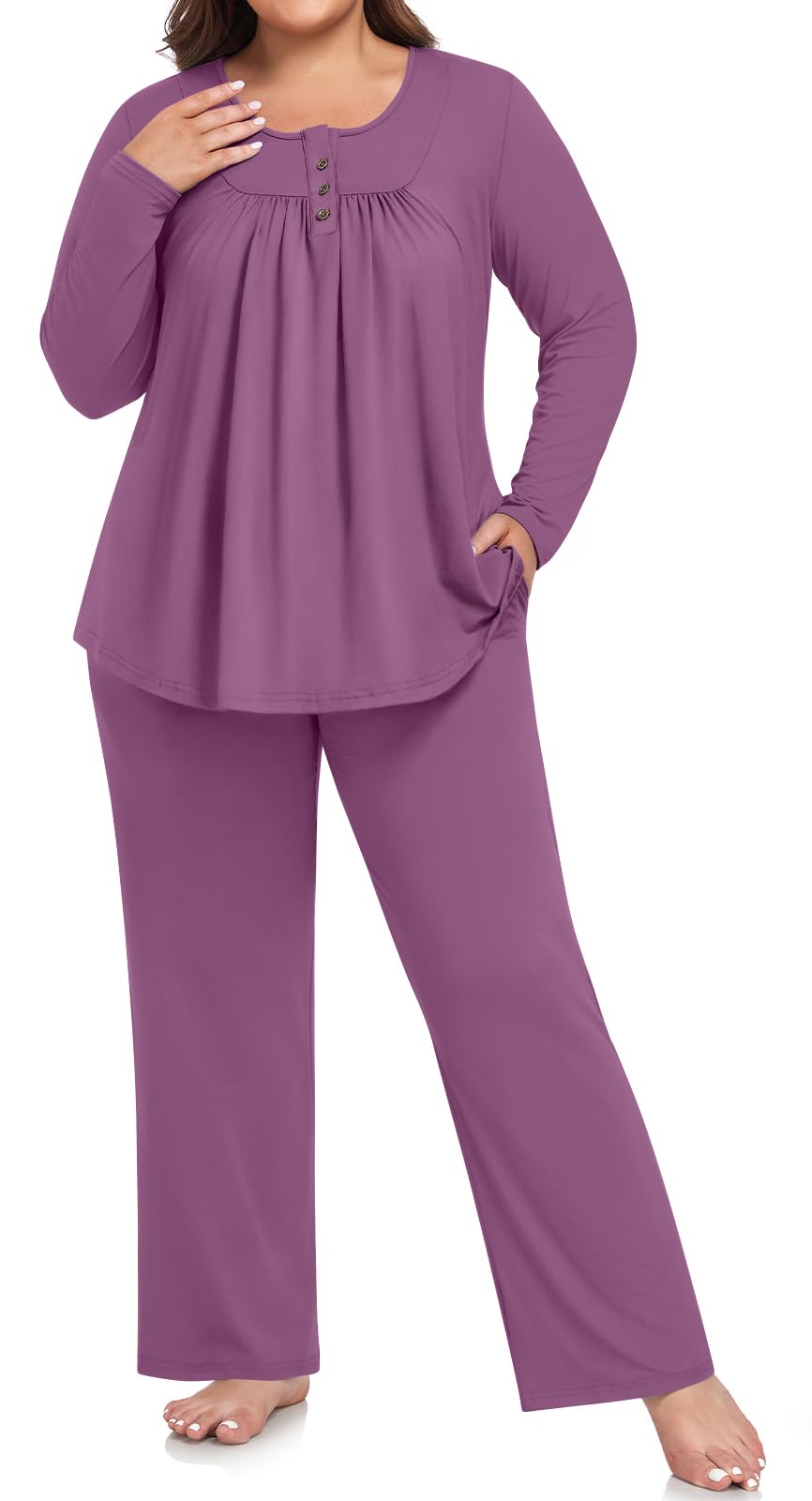 POPYOUNG Plus Size Womens Pajamas Set 2 Piece Pjs Sleepwear Long Sleeve Fall Winter Lounge Outfits with Pockets