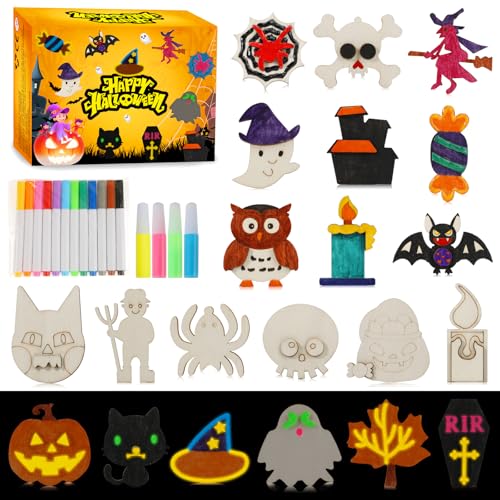 Worgree Halloween Crafts for Kids, 36 Pcs DIY Wooden Magnets Art Craft...
