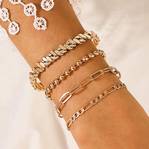 Missgrace Dainty Gold Punk Open Bracelets Set for Women Girls Handmade Simple Cute Charm Chain Bracelet Adjustable Bracelet Set 4Pcs