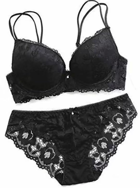 Image of Foxline Women's Lace Push Up Underwired Solid Lingerie Set