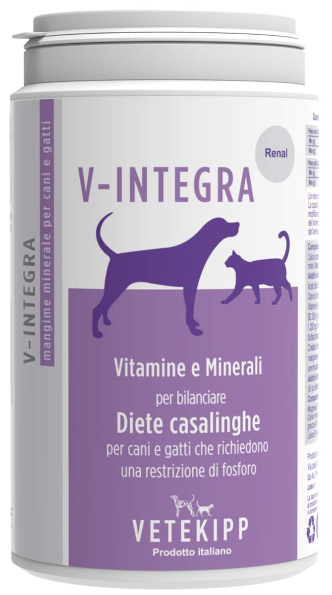 V INTEGRA Renal 200g, Suplemento de Vitaminas y Minerales para Equilibrar Dieta Casera de Perros y Gatos Que Requieren Restricción de Fósforo, Vitaminas para Perros y Gatos Made in Ita