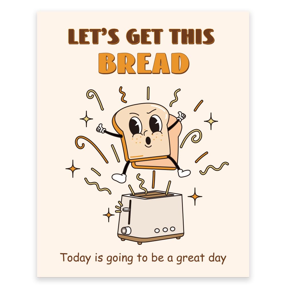 GOMAKERER 1 Pc Cute Retro Posters, Let's Get This Bread Positive Affirmations Poster Cartoon Wall Decor Room Aesthetic 70s Unframed Funny Wall Art Decoration for Kitchen Bedroom Home School