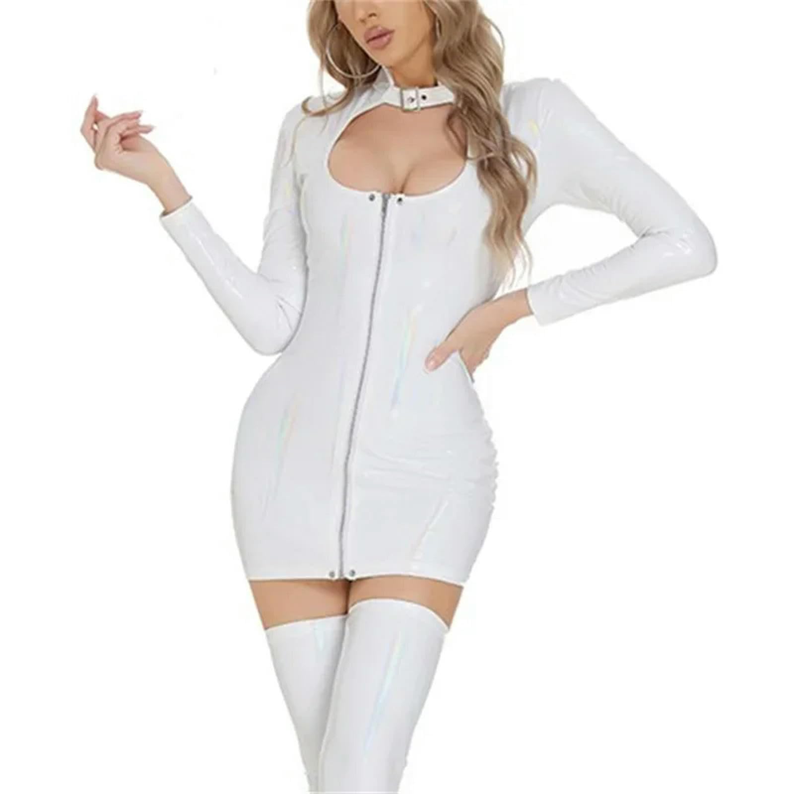 Vestido Ajustado de Piel de Patente con Cremallera Frontal para Mujer, cárdigan, Cuello Alto, Vestido Corto, Manga Larga, Color Blanco, L