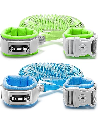 Dr.meter Anti Lost Wrist Link, 2 Pack Toddler Safety Leash with Key Lock, Reflective Child Walking Harness - Dual 8.2ft Length Blue &amp; Green Kids Leash for Supermarket Mall Airport Amusement Park Zoo