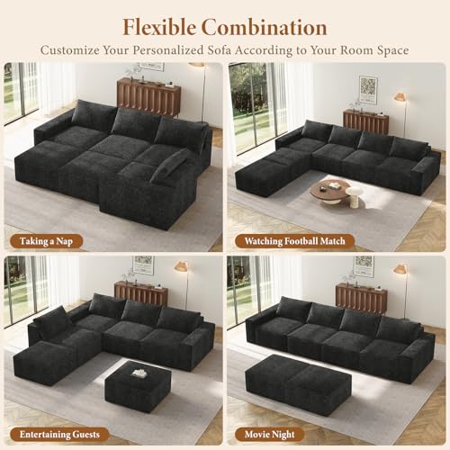 Image of Vesgantti 145.6 inch Modular Boneless Couch, Modern U Shaped 6 Seater Sectional Sofa with 2 Ottoman & Deep Seat, Convertible Chenille Cloud Couches for Living Room, No Assembly Required, Black