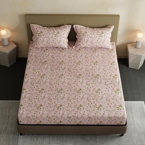 Image of Layers 100% Cotton Bedsheet for Double Size Bed | Lumina Floret Collection | 144 TC Soft & Breathable | Floral Print with 2 Pillow Covers | Wrinkle Free & Colorfast | 3 Piece Bedding Set - Pink