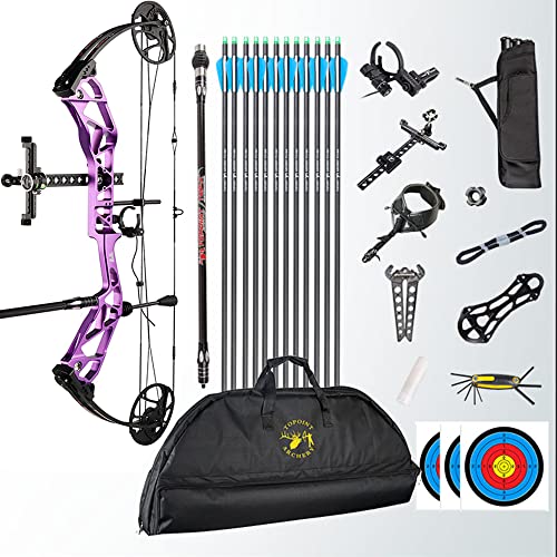 HNZMDY Bogenschießen Compound Bogen und Pfeil Kit 19-70Lbs Wettkampf Sport Jagdbogen 19"-30" Auszugslänge 320fps Speed Compoundbögen mit Allem Zubehör für Erwachsene und Jugendliche (Lila)