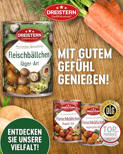DREISTERN Fleischbällchen 540g I Mit Schweinefleisch & Champignons I Herzhafte Spezialität in recyclebarer Konservendose I Lange Haltbarkeit dank natürlicher Konservierung I Hausmacher Qualität