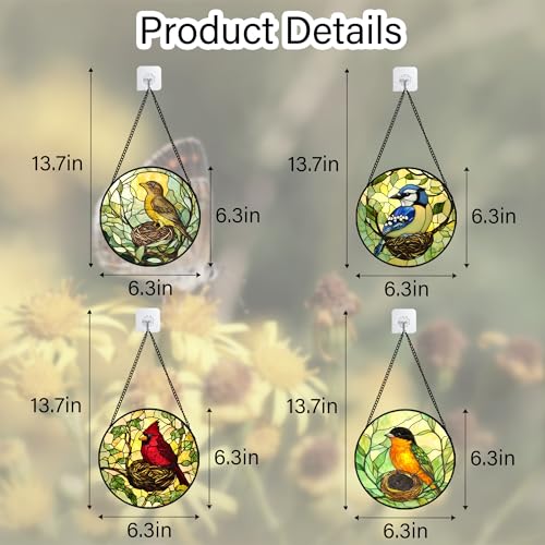 Image of DASTOLL Stained Glass Window Hanging 4 Pcs Set Bird Theme On Branch 6.3 inch - Cardinal Suncatcher Door Garden Sun Catcher Decor Birthday Christmas for Mom Woman Nana Men