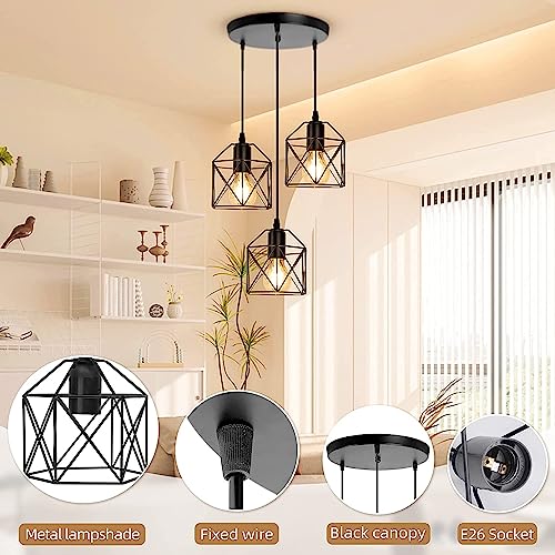 3-Light Pendant light Fixtures Farmhouse Kitchen Island Light Fixture, Industrial Hanging Pendant Lighting for Dining Room Bedroom, Black Metal Cage Pendant Ceiling Lamp, E27 Base, Bulbs Not Included