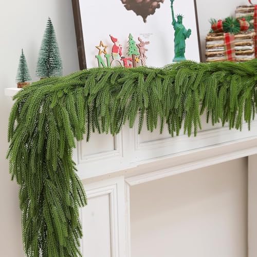 2PCS Artificial Christmas Norfolk Pine Garlands, Real Touch Pine Garland Faux Greenery Winter Garland for Mantle Fireplace Stairs Table Wall Home Xmas Holiday Indoor Christmas Decorations