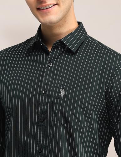 Image of U.S. Polo ASSN. Men's Green Striped Spread Collar Full Sleeve Casual Cotton Tailored Fit Shirt