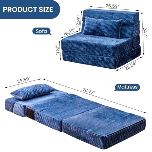 Folding Sofa Bed, Convertible Sleeper Chair with Pillow, High Density Memory Foam Fold Out Couch, Foldable Mattress Futon Sofa for Living Room/Dorm/Guest Use/Apartment/Home Office