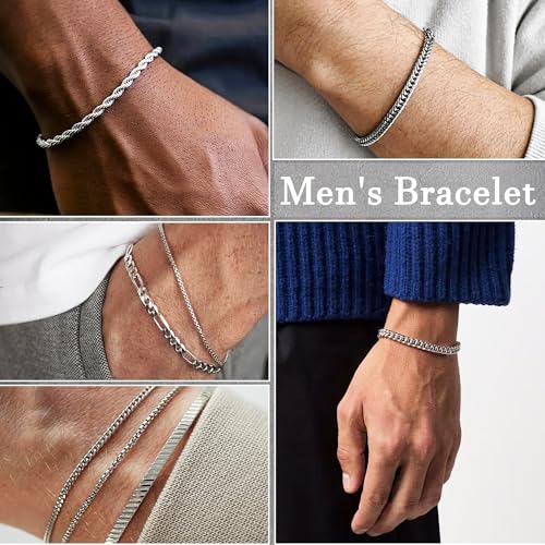 ELLEWIN Chain Bracelet for Men Stainless Steel Cuban Link Curb Figaro Herringbone Rope Paperclip Snake Byzantine Curb Chunky Chain Silver Bracelets Jewelry Set for Men 8.3 Inches4