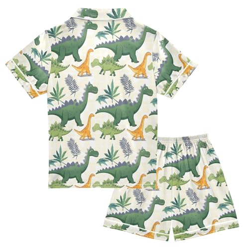 ALAZA Dinosaur Palm Tree Leaf Pajamas Satin Pajama Set Short Sleeve Button Down Sleepwear2