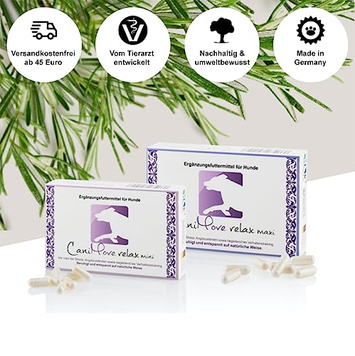 CaniMove Relax mini - 30 Kapseln (a 390 mg), Ergänzungsfuttermittel für Hunde zur Beruhigung und Entspannung auf natürliche Weise durch Casein (Casozepin), Tryptophan, L-Theanin, B6 und Inositol