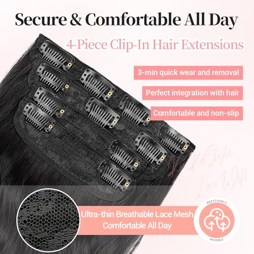 Image of KooKaStyle Wavy Thick Clip in Hair Extensions 24 inch Natural Black Pink | Natural Volume & Seamless, 4 Pieces Clip in Extensions,Fiber Double Weft Hairpieces,Wave Long Synthetic Hairpiece for Women