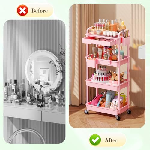 Image of SUNALLY Makeup Cart Organizer with Drawer, 4 Tier Rolling Makeup Cart, Pink