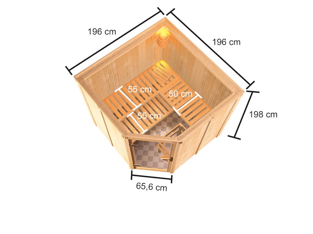 KARIBU Elementsauna Celine 3 Fichte 68 mm, Innensauna für 2 3 Personen, Systembauweise mit bronzierter Ganzglastür, 3 Liegen, Ofenschutzgitter, energiesparend, Ohne Dachkranz, 198 x 121.5 x 73 cm