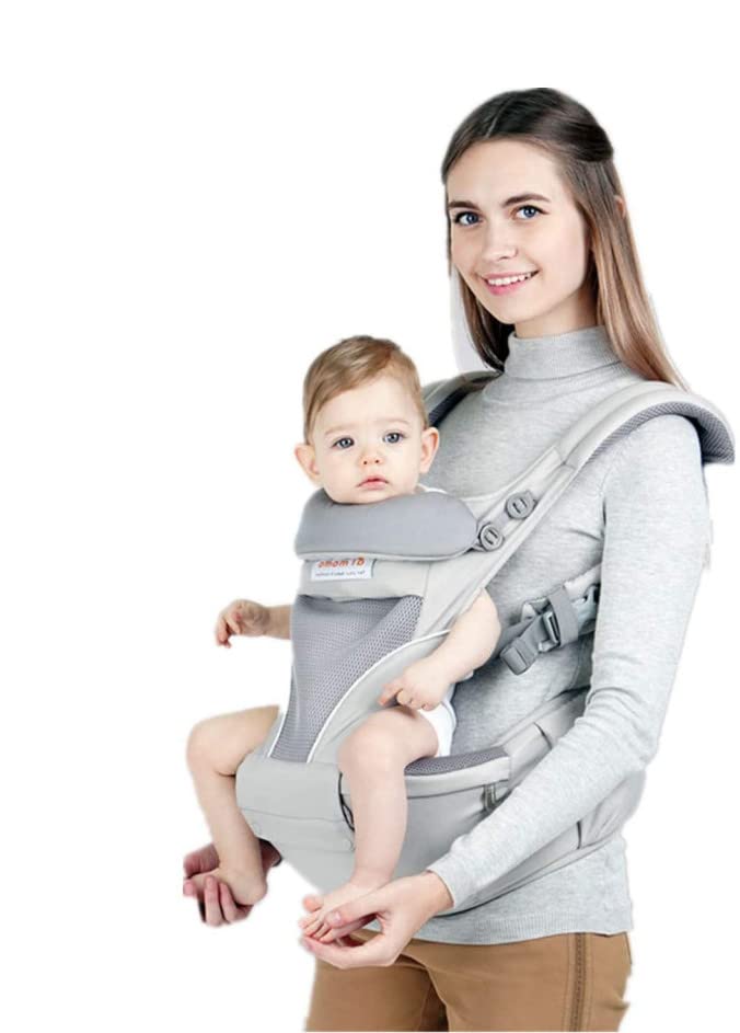 Baby Carrier, 6-in-1 Baby Carrier With Waist Stool, Baby Carrier with Hip Seat For Breastfeeding, One Size Fits All - Adapt to Newborn, Infant & Toddler- Grey